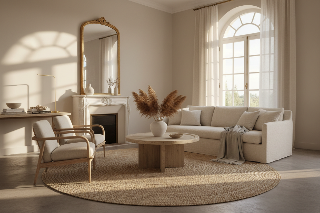 Salon élégant avec tapis en jute rond